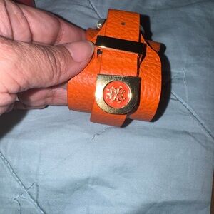Rustic Cuff Orange Leather Bracelet with Gold Accent